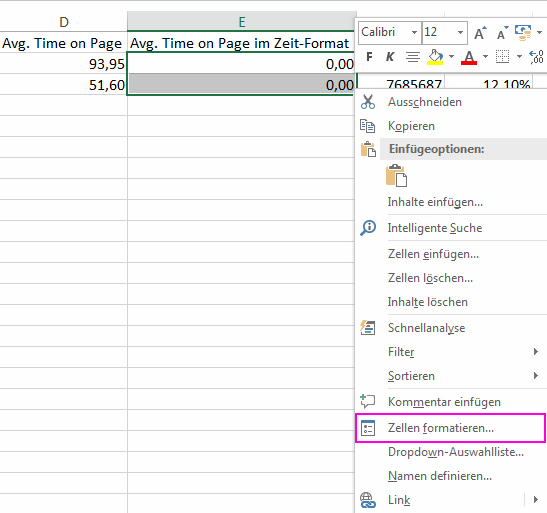 AvgTimeOnPage in Excel Zellen formatieren - Format auswählen